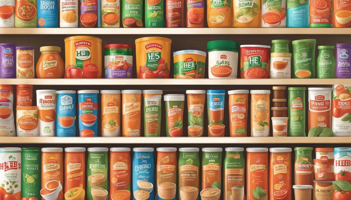 A bowl of H-E-B Creamy Tomato Basil Soup surrounded by 15 HEB pantry products neatly arranged on shelves