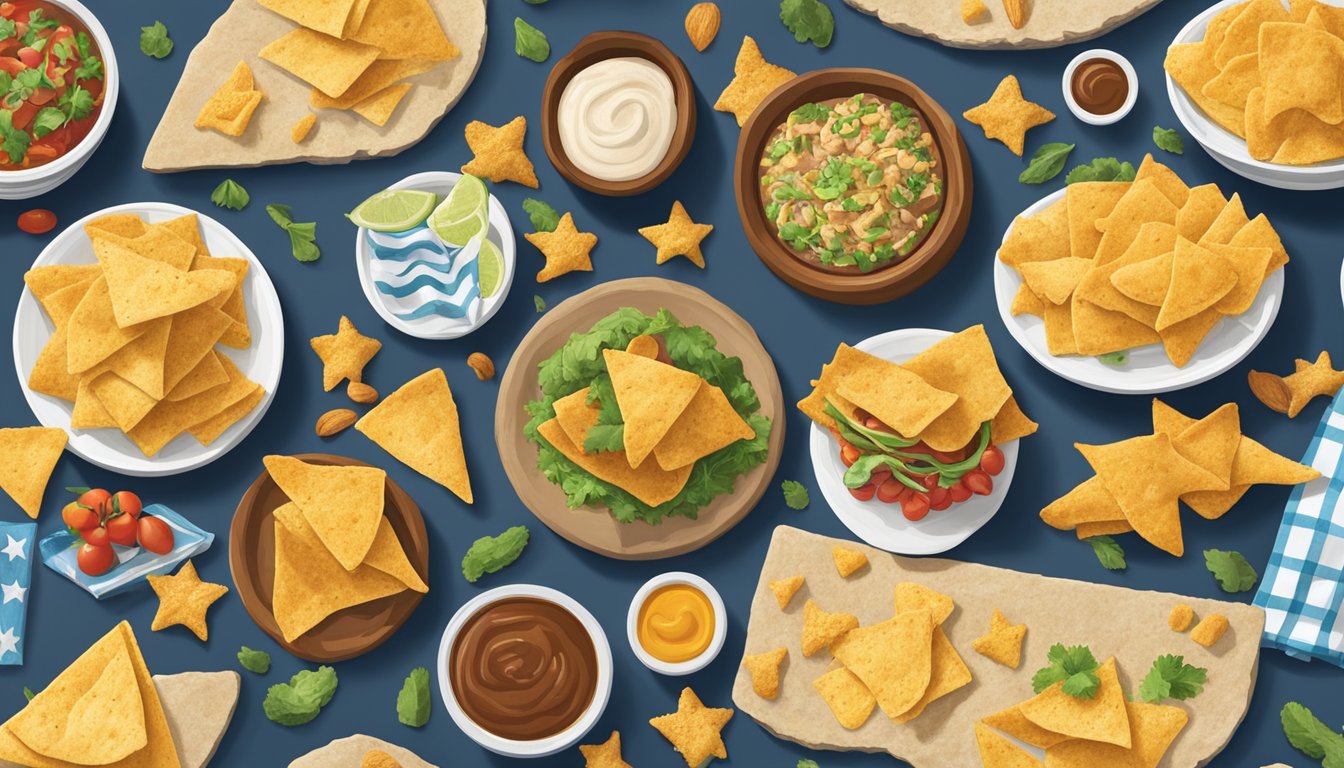 A table set with a variety of HEB Texas-themed products, including Texas shaped tortilla chips and other items showcasing Texas flavors