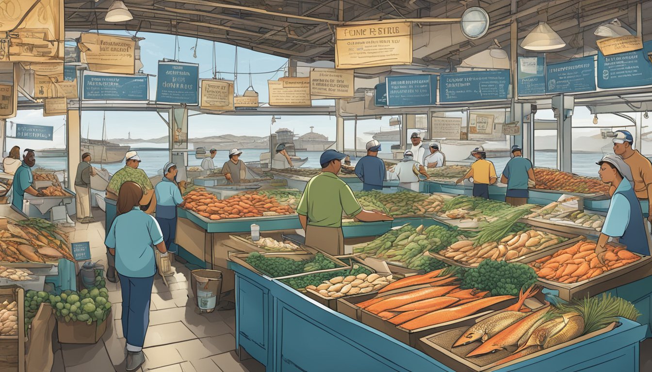 A bustling seafood market with a variety of fresh, responsibly sourced fish on display, surrounded by informational signs promoting sustainable fishing practices