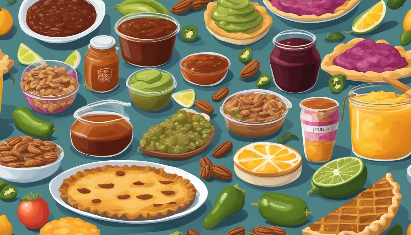 A table with 12 HEB products: Prickly Pear Margarita Mix, BBQ sauce, salsa, pecan pie, jalapeno jelly, and more, all showcasing Texas flavors