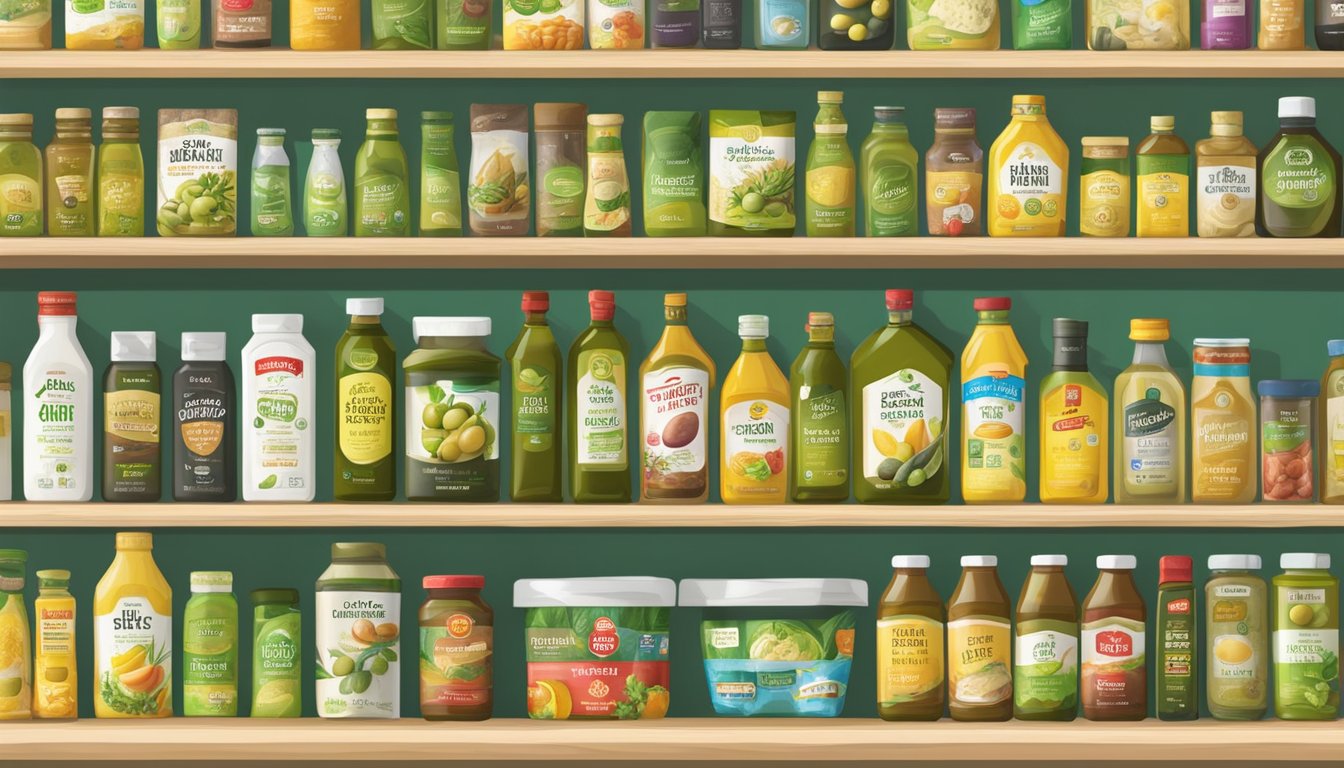 A well-organized pantry shelf with neatly stocked H-E-B Organics Extra Virgin Olive Oil and 14 other HEB products