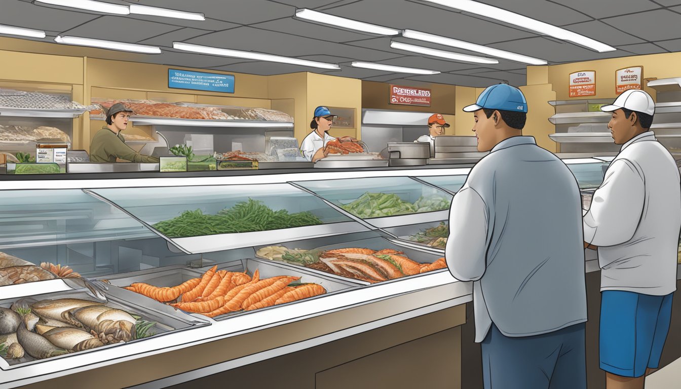 A knowledgeable staff member at HEB's seafood counter assists a customer, showcasing the variety and quality of the seafood on display