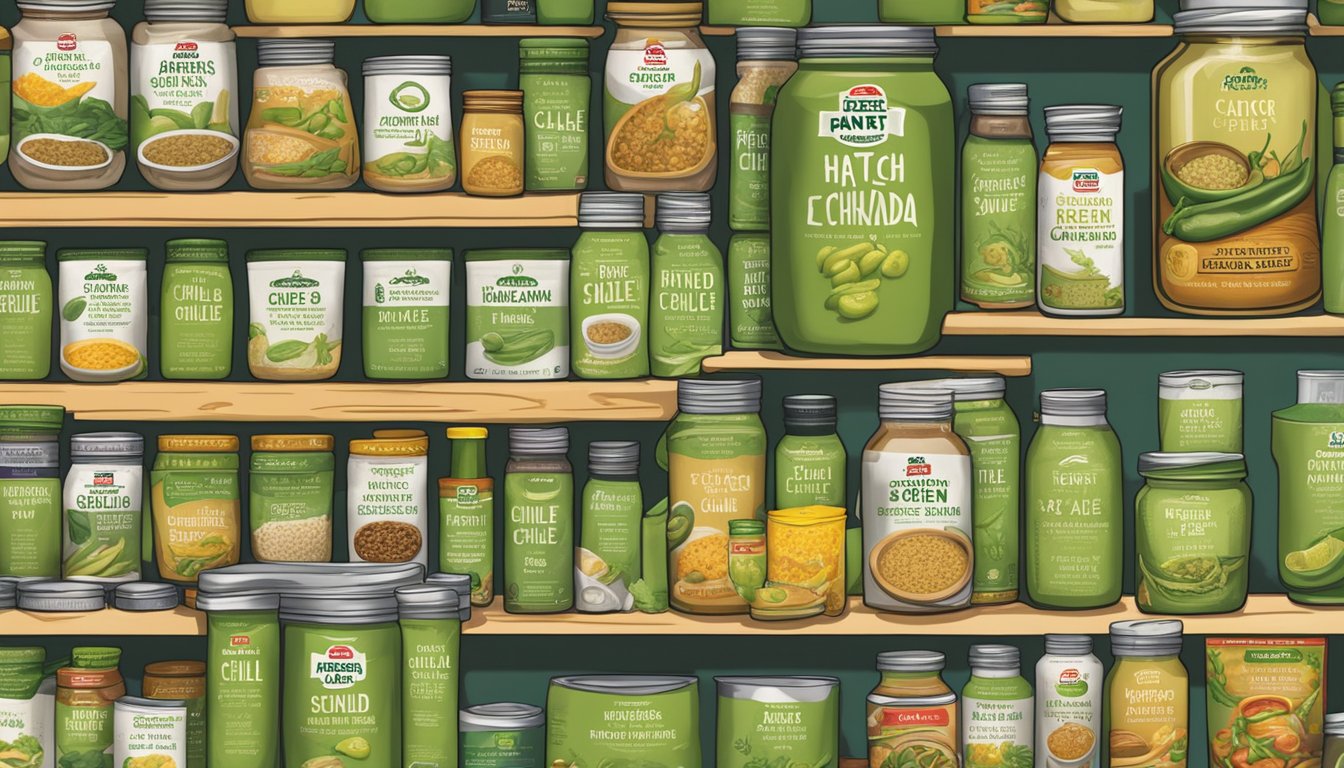 A jar of Hatch Green Chile Enchilada Sauce surrounded by 14 other HEB pantry products, creating a well-stocked kitchen scene