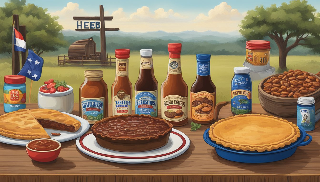 A rustic wooden table displays 12 HEB products, including BBQ sauce, salsa, and pecan pie, surrounded by iconic Texas symbols like cowboy hats and bluebonnets