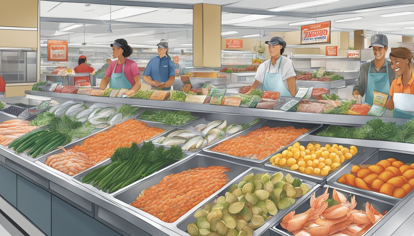 A bustling seafood counter at HEB, showcasing a variety of fresh and exclusive seasonal offerings