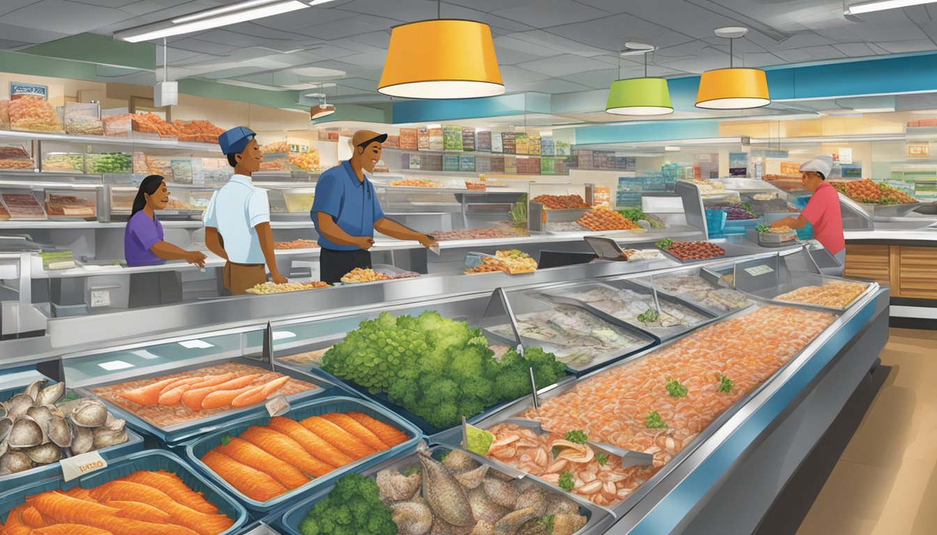 A bustling seafood counter at HEB with vibrant signs showcasing weekly specials and discounts. A variety of fresh fish and shellfish are neatly displayed on ice, with a knowledgeable staff assisting customers