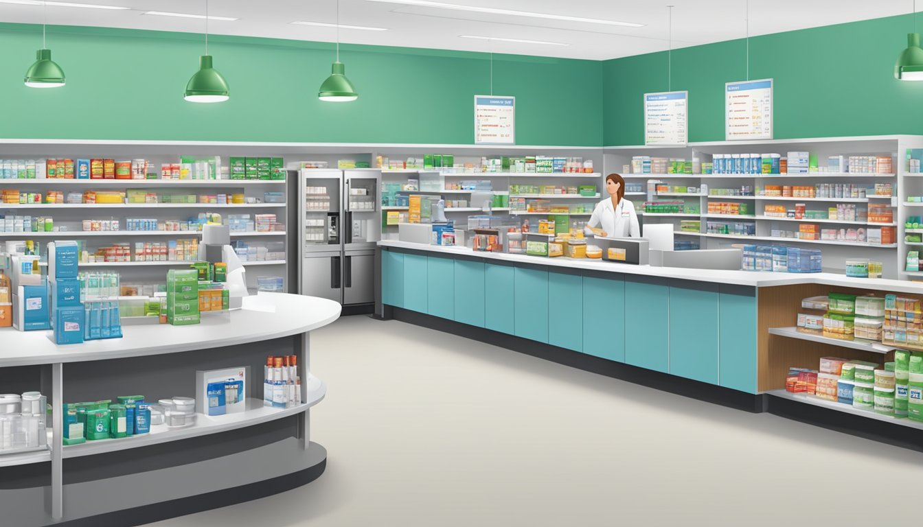 A bustling HEB pharmacy counter with a variety of services offered, including medication pickup, consultations, and health screenings