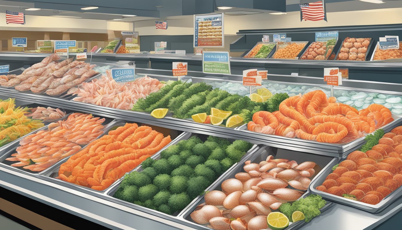 A colorful display of various fresh seafood items arranged neatly on ice at HEB's seafood counter, with a sign highlighting "Quality and Freshness"