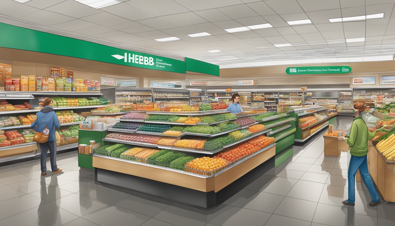 A bustling grocery store with a separate section for HEB Financial Services, showcasing a range of non-grocery offerings