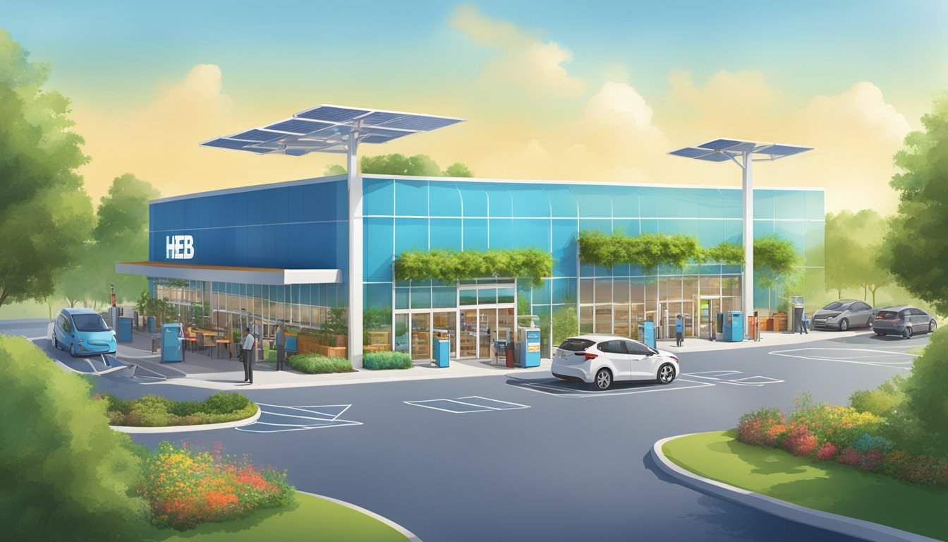 A bustling HEB store with solar panels, recycling bins, and electric car charging stations, surrounded by lush greenery and a clear blue sky