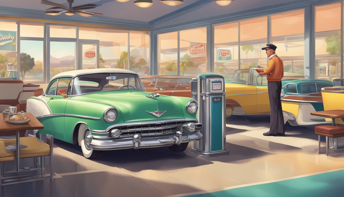 A vintage carhop serves breakfast to a customer in a classic car, while a modern touchscreen order station stands nearby