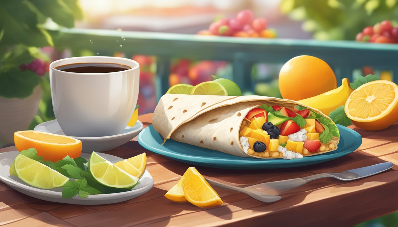 A colorful breakfast burrito bursting with fresh ingredients, surrounded by vibrant fruits and a steaming cup of coffee on a sunny outdoor patio