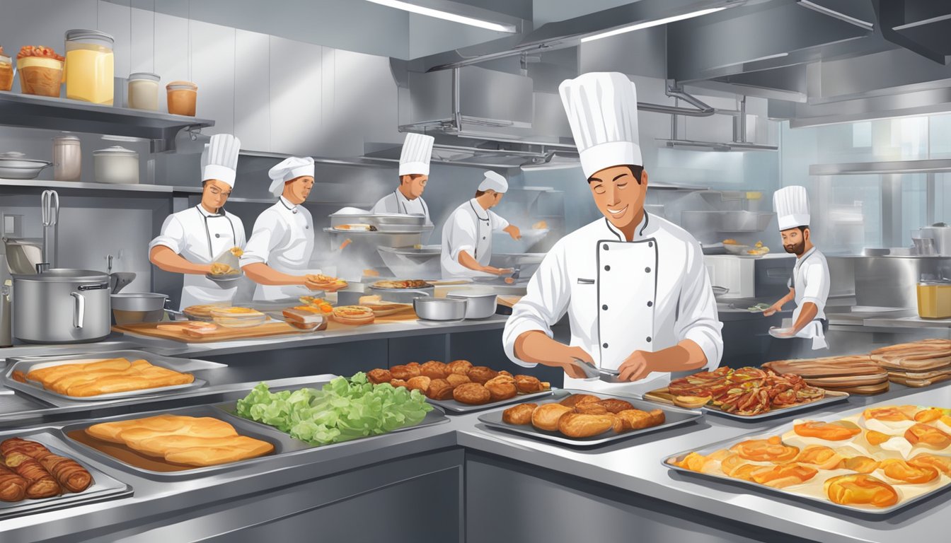 A bustling kitchen with chefs preparing a variety of breakfast items, from sizzling bacon to freshly baked pastries, while a manager oversees the operation