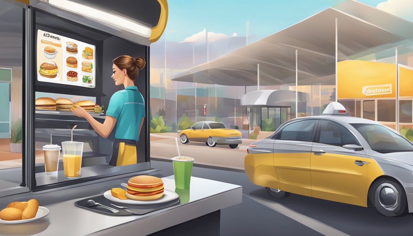 A carhop delivers breakfast to a car window while a touchscreen kiosk displays a modern breakfast menu