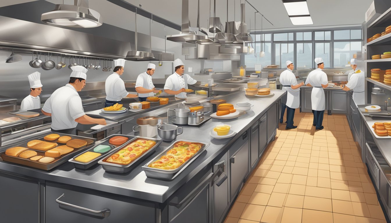 The scene features a bustling kitchen with chefs preparing a variety of breakfast items, including eggs, bacon, and toast. A server is seen carrying a tray filled with breakfast sandwiches and drinks to a waiting customer