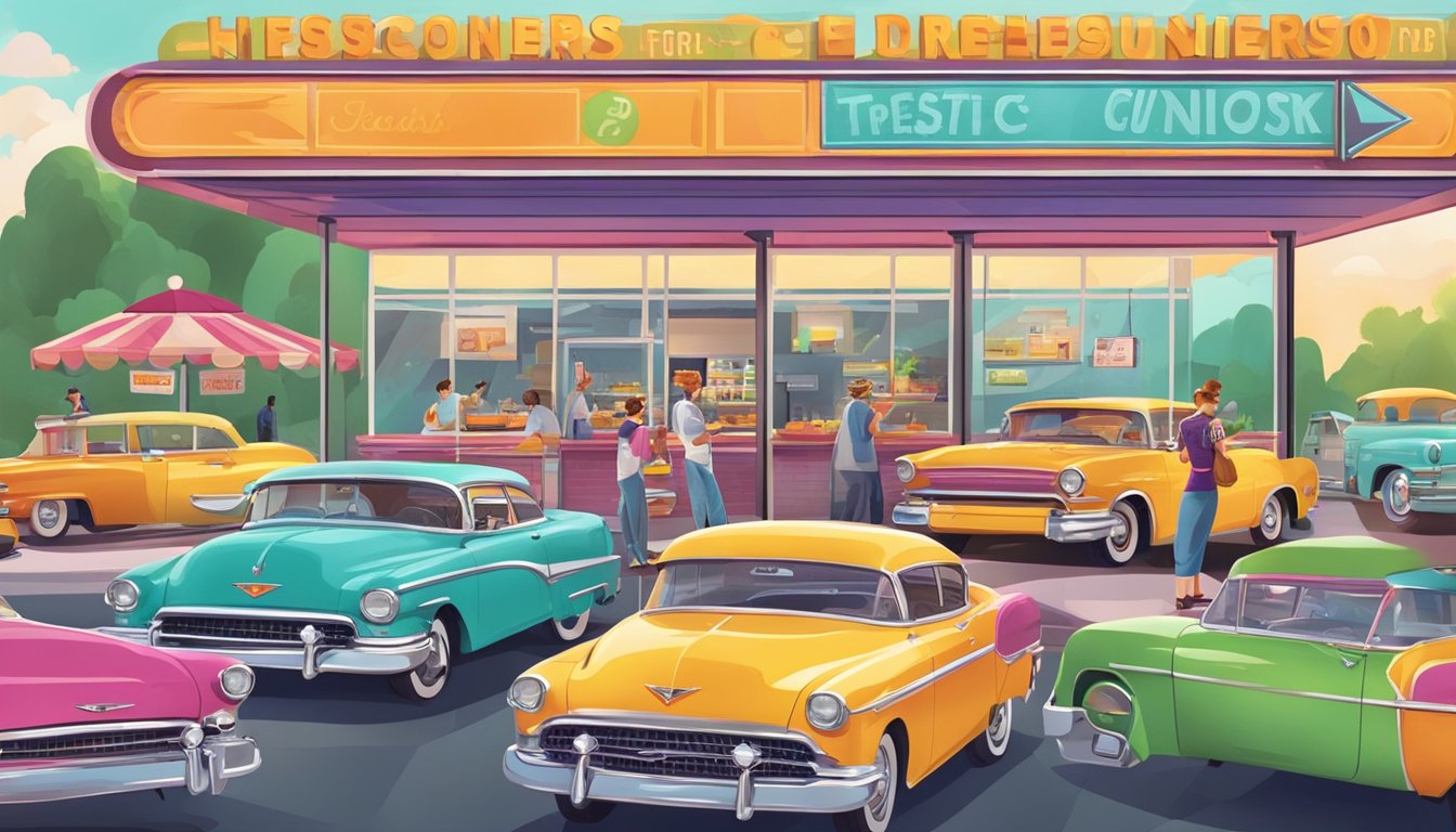 A colorful drive-in scene with retro carhops serving food, while customers use touchscreen kiosks to place orders