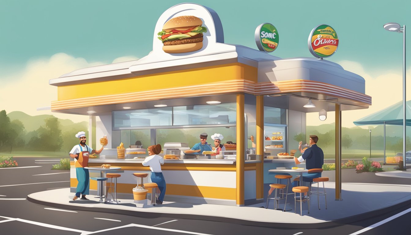 A chef creating new breakfast items while a server interacts with a smiling customer at a Sonic drive-in