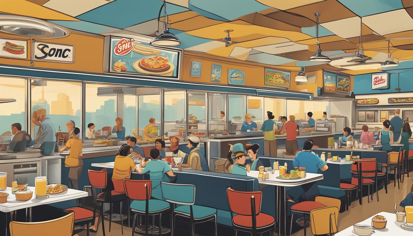 A bustling diner with a retro vibe, filled with customers enjoying a variety of classic breakfast dishes. The iconic Sonic logo is prominently displayed, and the staff is busy serving up delicious meals