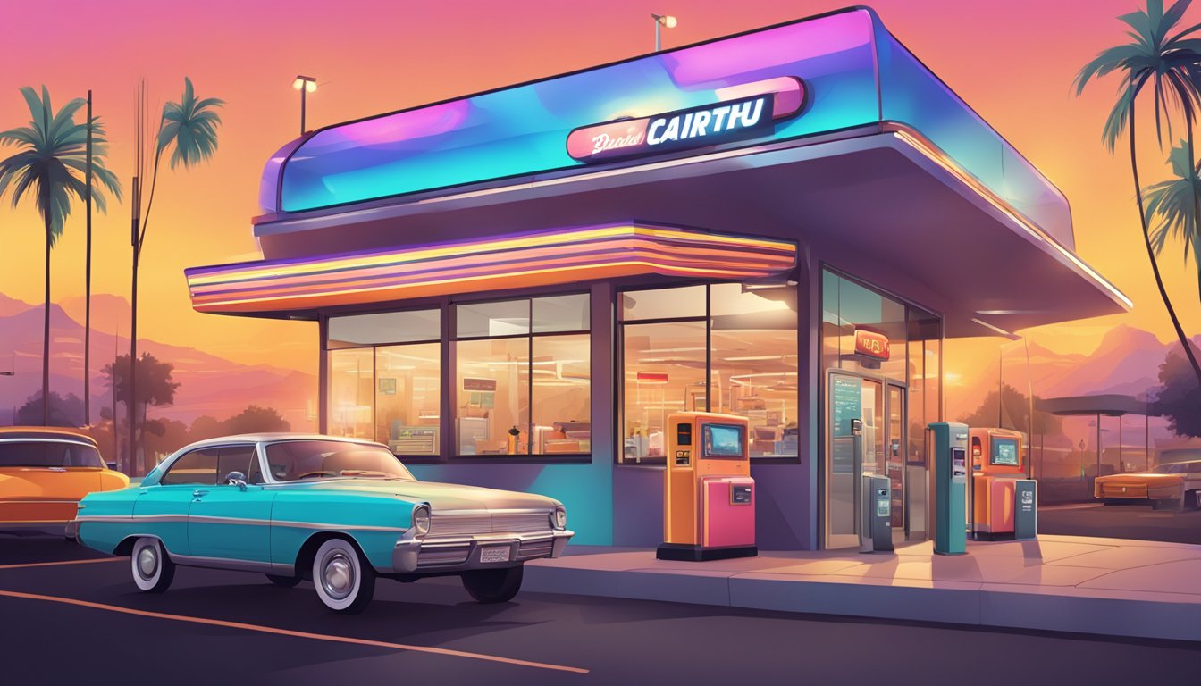 A colorful, bustling drive-thru with retro carhops and modern touchscreen kiosks, set against a sunrise backdrop