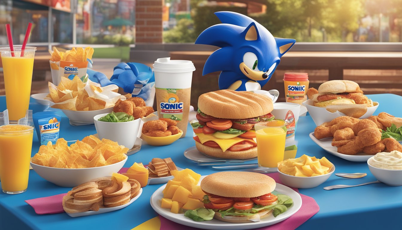 A vibrant breakfast spread featuring Sonic's new menu items and promotional elements, such as banners and signs, displayed in a lively and inviting setting