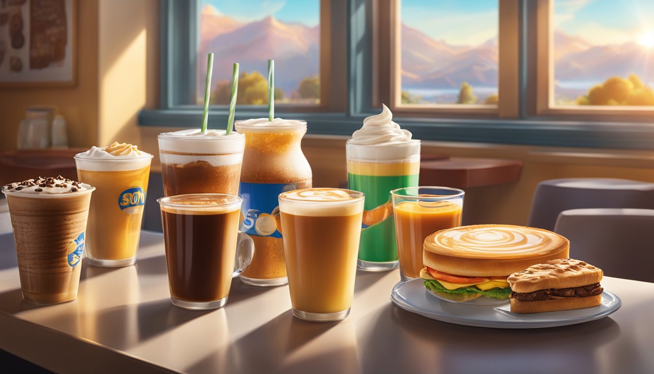 A steaming cup of Sonic's coffee sits on a table, surrounded by various customizable flavor syrups and creamers. The morning sunlight filters through the window, casting a warm glow on the scene