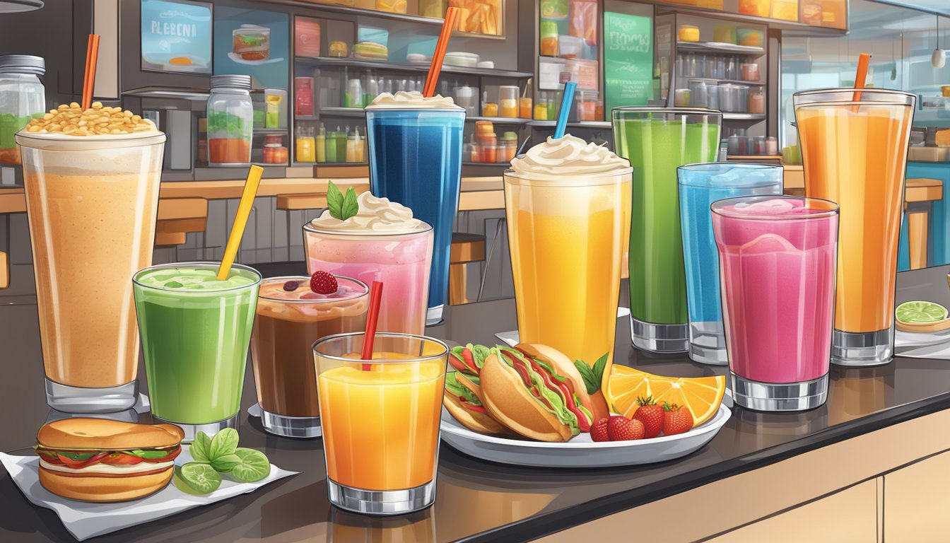 A bustling fast-food restaurant with a colorful display of breakfast beverages and cold drinks, including smoothies, iced coffees, and fruit juices