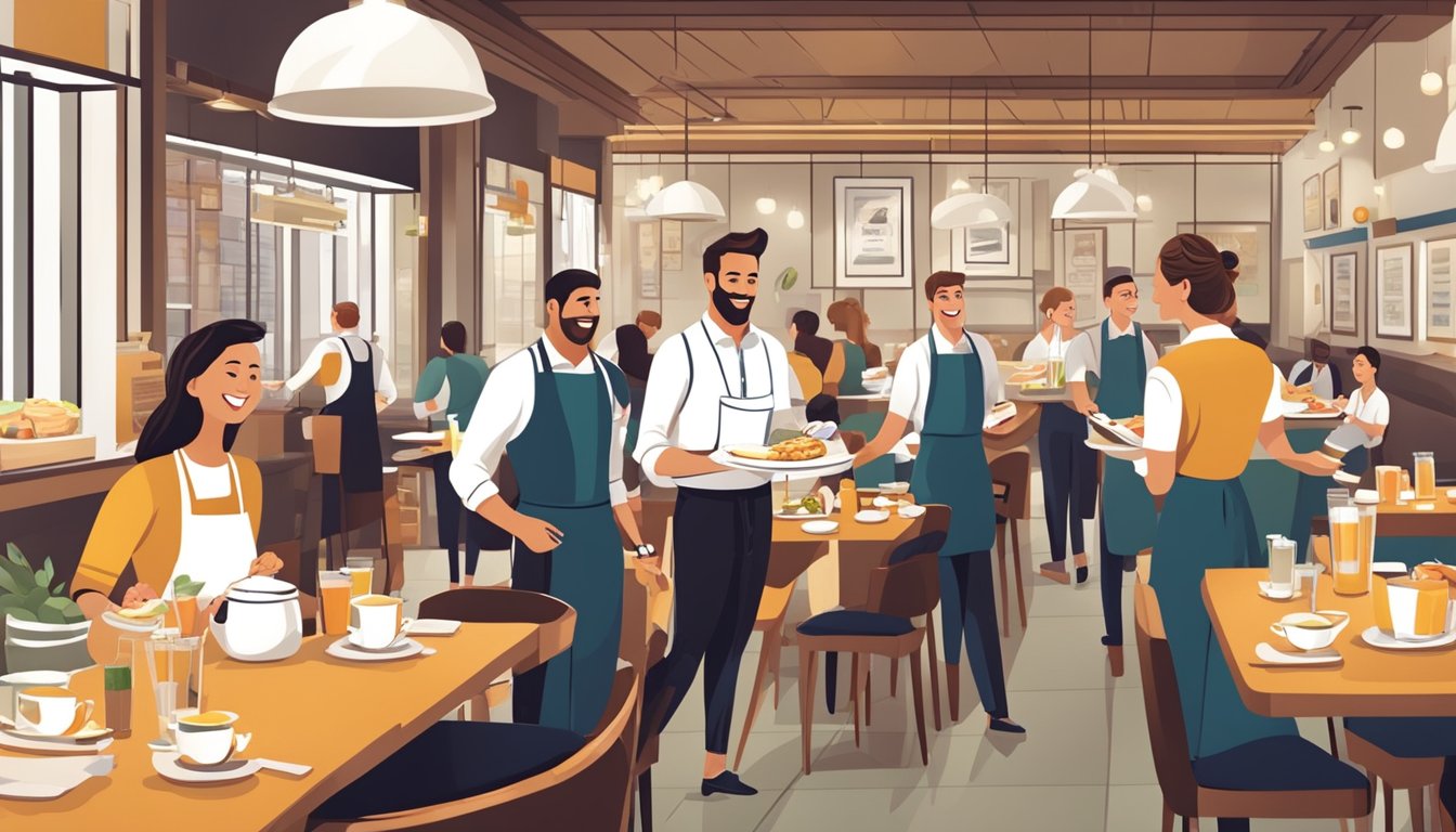 A bustling restaurant with smiling customers enjoying a new breakfast menu. Waitstaff are seen taking orders and receiving positive feedback from patrons