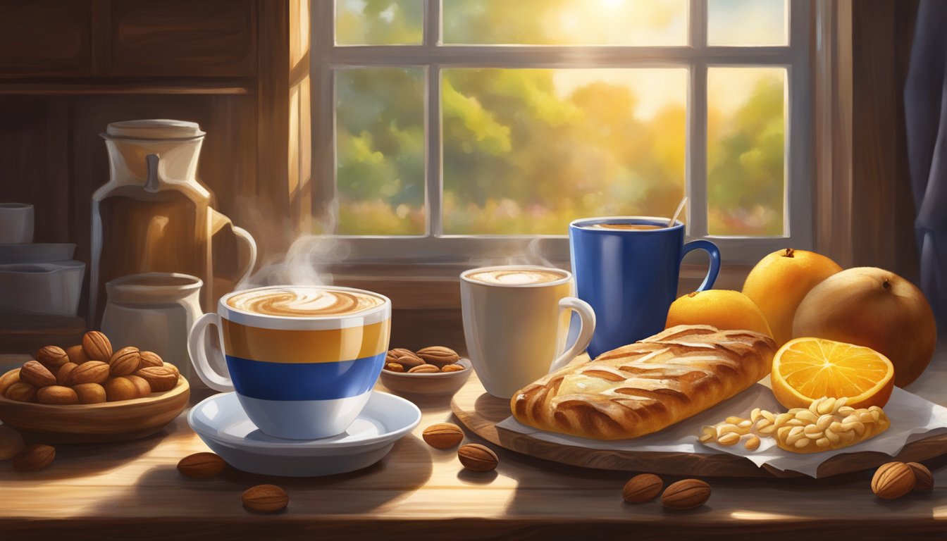 A steaming cup of Sonic's coffee sits on a rustic wooden table, surrounded by fresh fruits, nuts, and whole grain pastries. The morning sunlight streams through a nearby window, creating a warm and inviting atmosphere