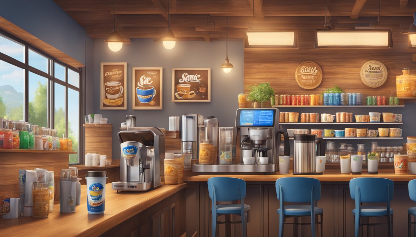 A cozy coffee shop with steaming cups, warm lighting, and a variety of Sonic's branded beverages on display