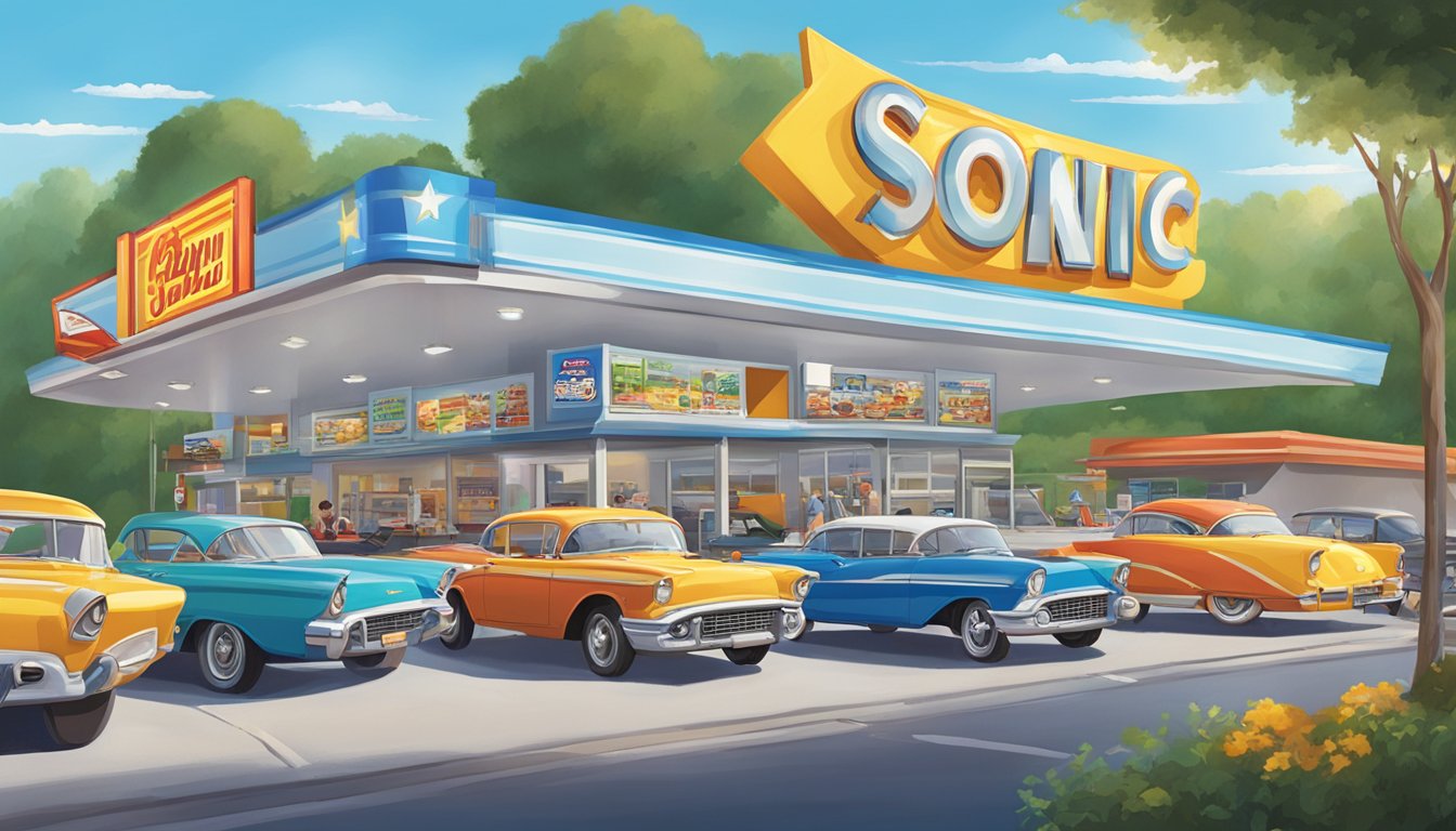 A bustling Sonic drive-in with a colorful sign and cars lined up for all-day breakfast