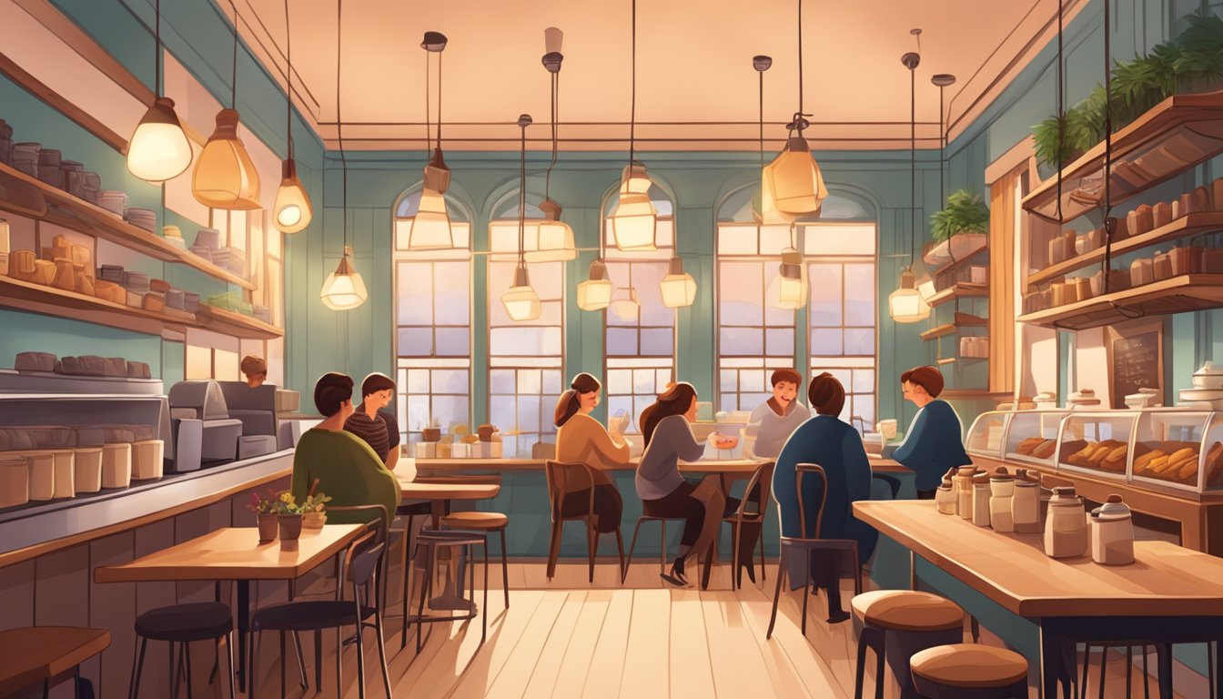 A cozy coffee shop with warm lighting, a variety of pastries, and a line of customers chatting and laughing