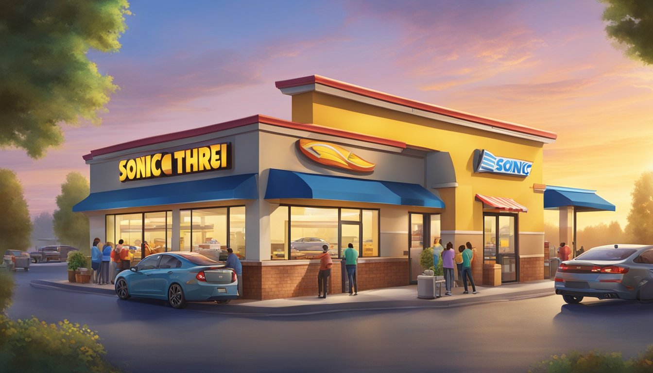 A bustling Sonic drive-thru with a bright, sunrise backdrop, as customers order breakfast items at all hours