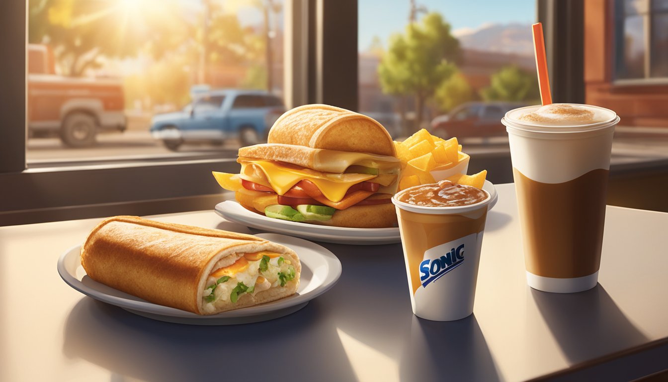 A steaming cup of coffee sits beside a spread of breakfast items at Sonic, including a breakfast burrito, pancake on a stick, and French toast sticks. The morning sun streams in through the window, casting a warm glow over the scene