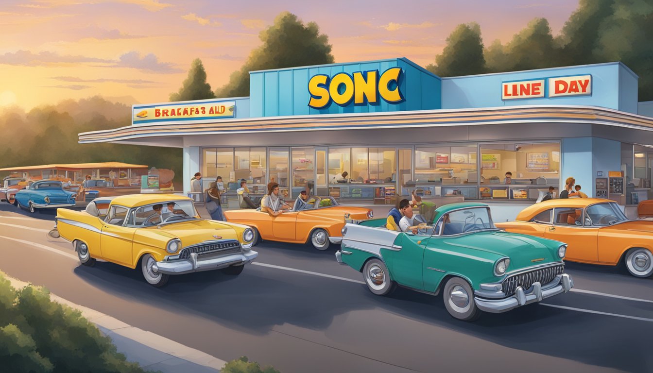 A bustling Sonic drive-in with a sign reading "Breakfast All Day" and a line of cars being efficiently served by staff