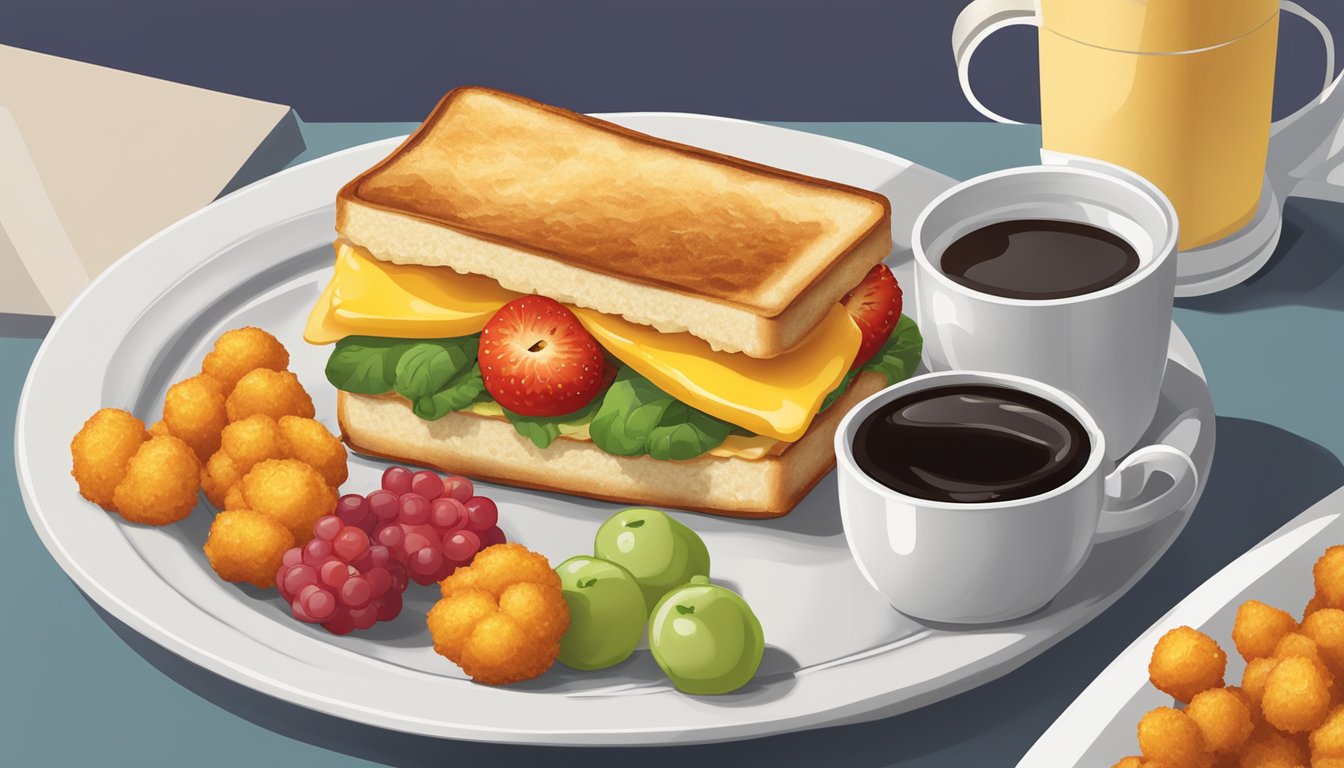 A breakfast toaster sandwich sits on a plate with a side of crispy tater tots, a steaming cup of coffee, and a colorful fruit garnish