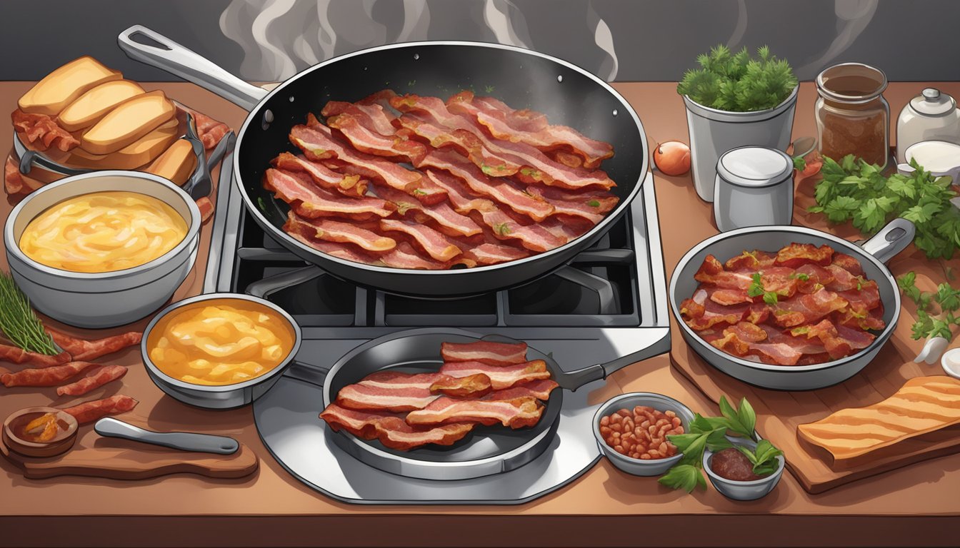 Sonic's kitchen filled with sizzling bacon on a hot skillet, surrounded by aromatic herbs and spices