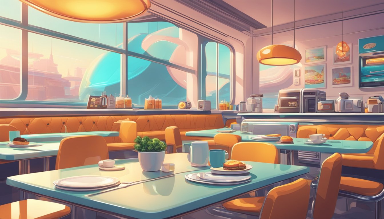 A futuristic diner with a giant breakfast plate and a video game console on the table. The setting is bright and modern, with a retro touch