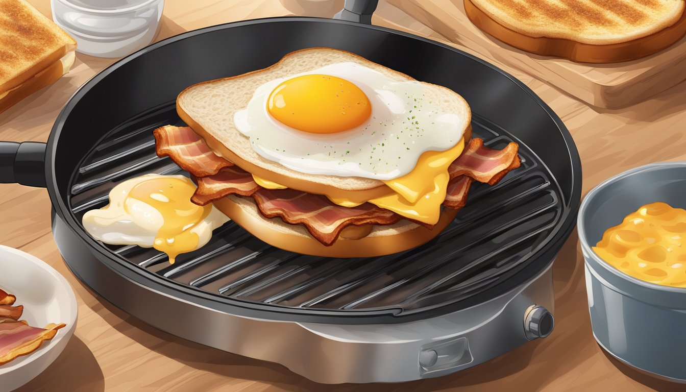 A sizzling breakfast sandwich sizzles on a hot griddle, with layers of crispy bacon, melted cheese, fluffy eggs, and golden toasted bread