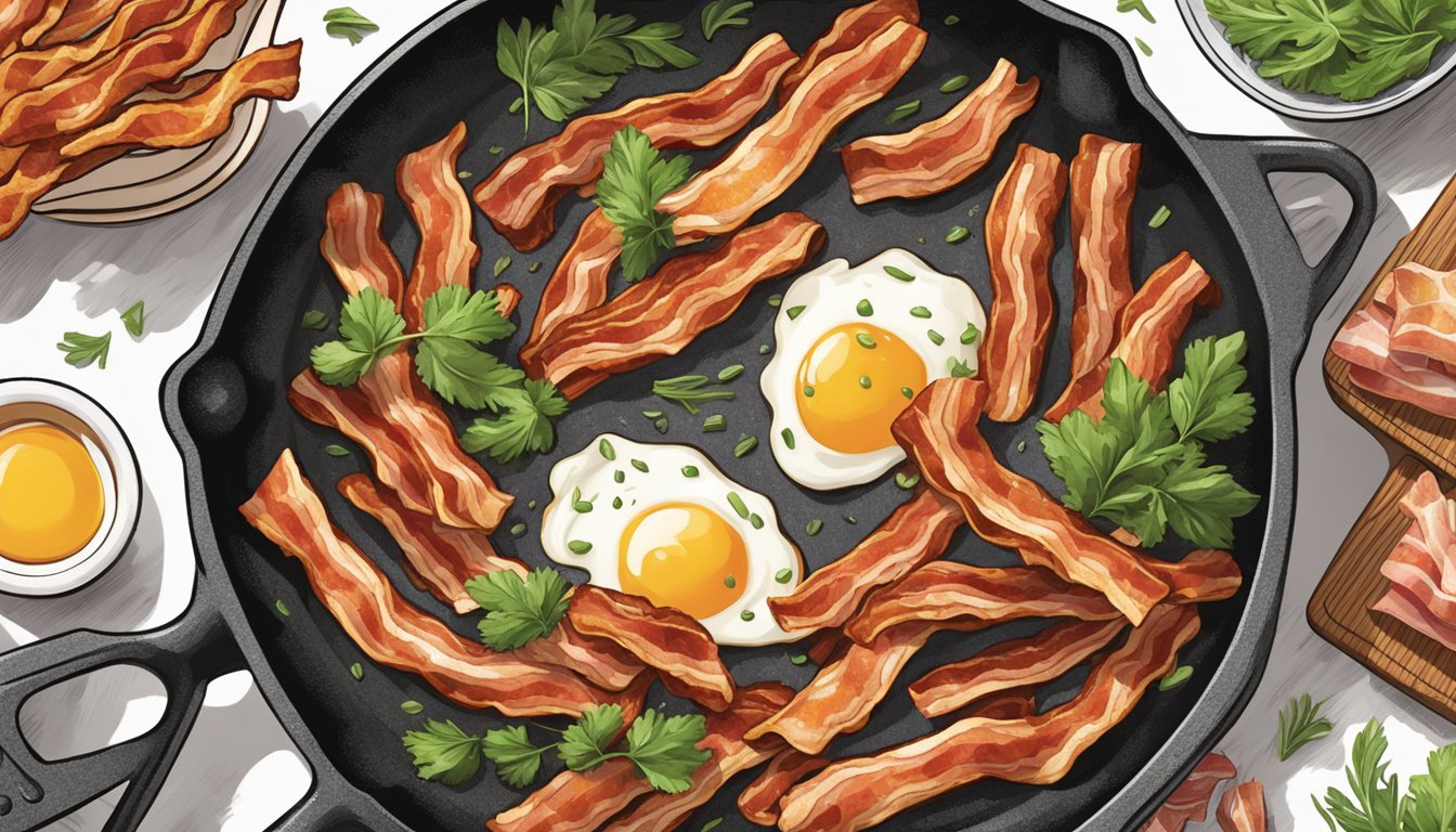 A sizzling skillet holds perfectly cooked strips of bacon, emitting a tantalizing aroma. A chef's hand sprinkles a secret seasoning blend over the crispy strips