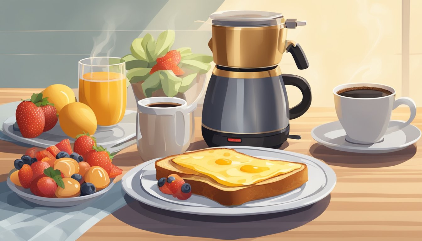 A breakfast toaster sits on a plate, surrounded by fresh fruit and a steaming cup of coffee. The toaster is filled with eggs, cheese, and bacon, with a golden, crispy exterior