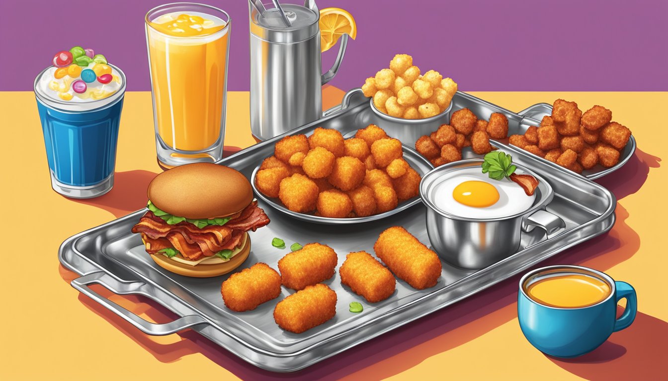 A silver tray holds a Sonic Breakfast Toaster with crispy bacon, fluffy eggs, and melted cheese, surrounded by a colorful array of tater tots and a refreshing drink