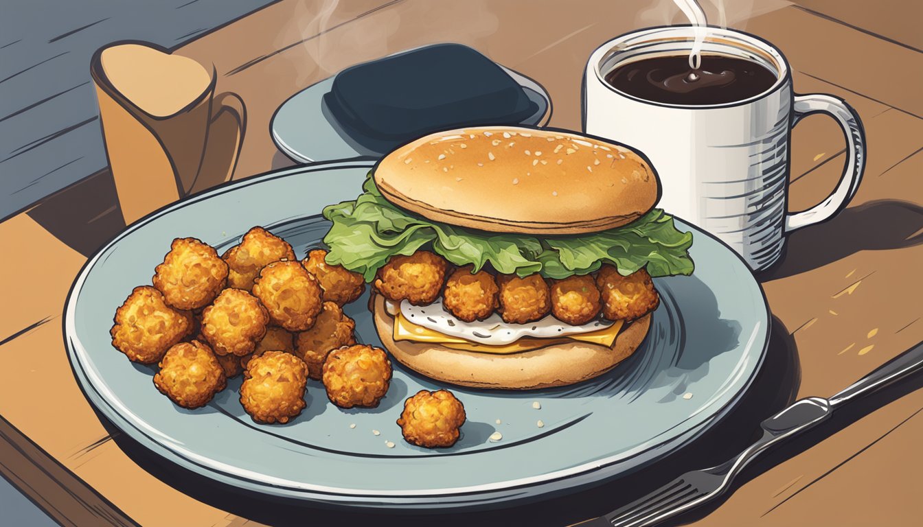 A sizzling breakfast sandwich sits on a plate next to a steaming cup of coffee, with a side of crispy tater tots