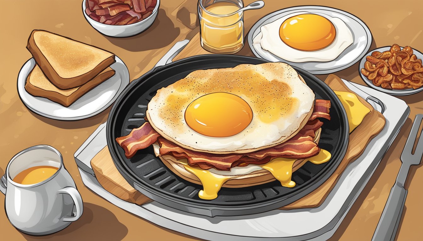 A sizzling breakfast sandwich sizzles on a griddle, with a variety of ingredients surrounding it, including bacon, eggs, and cheese