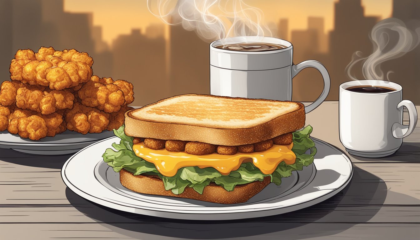 A sizzling breakfast sandwich sits on a plate, steam rising from the golden-brown toast. A side of crispy tater tots and a hot cup of coffee complete the meal