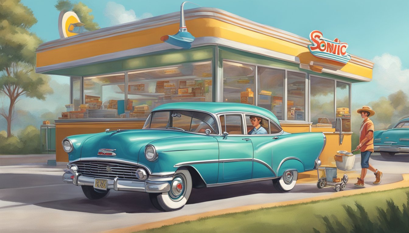 A vintage car parked at a Sonic drive-in with a server on roller skates delivering breakfast items to the car window