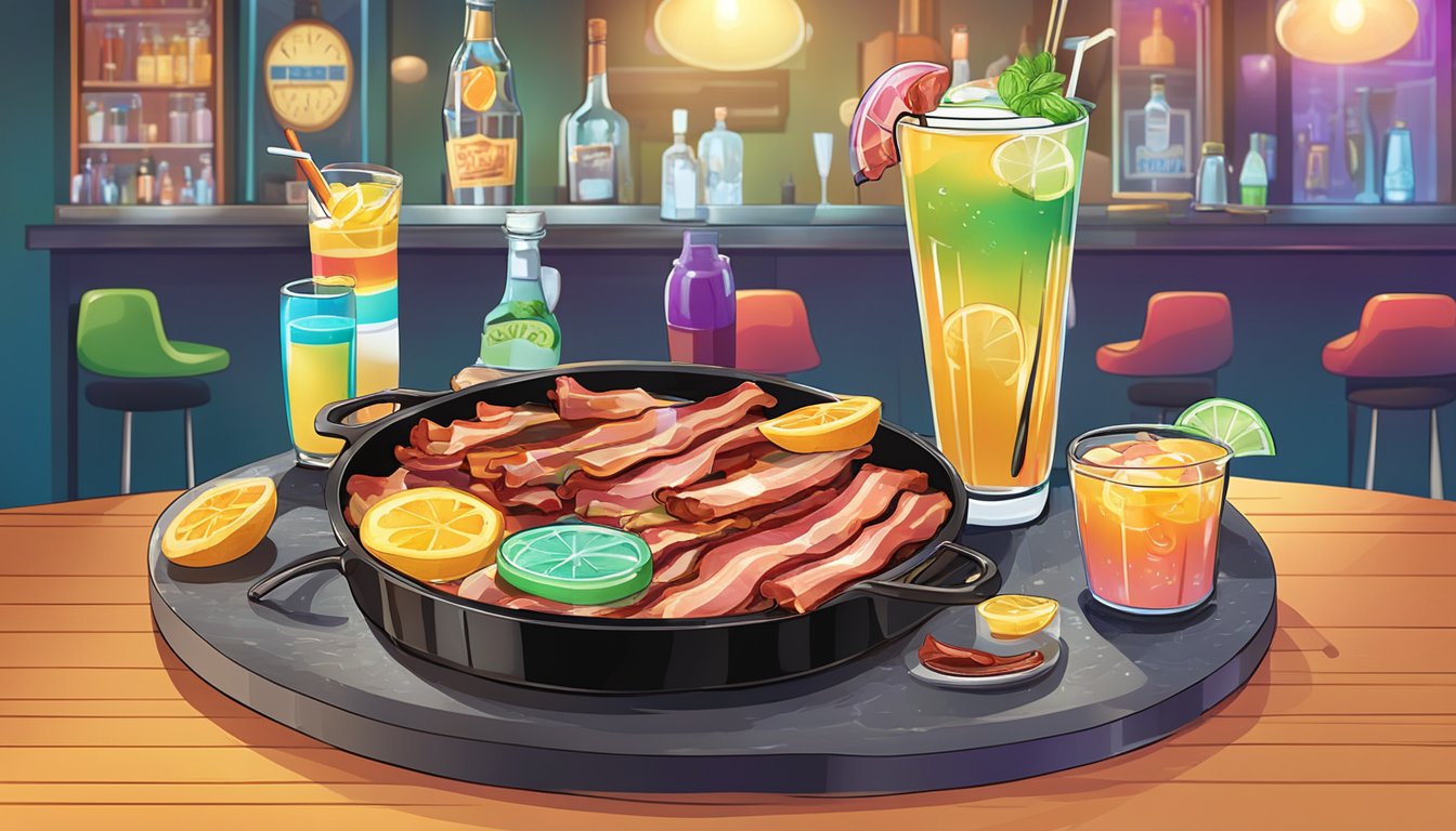 A sizzling skillet of bacon and a colorful array of signature drinks on a bar counter, with a clock showing happy hour