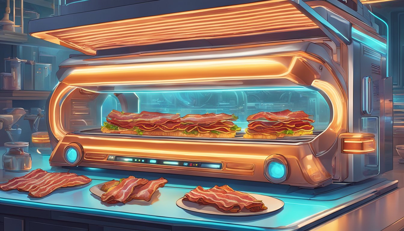 A sizzling strip of bacon emerges from a futuristic machine, surrounded by glowing symbols and tantalizing aromas