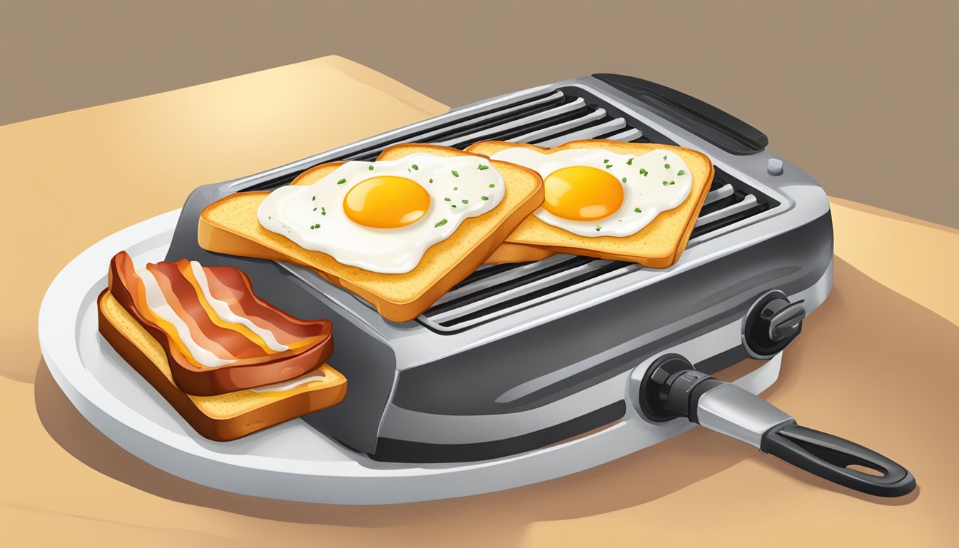 A golden-brown breakfast toaster with sizzling bacon, melted cheese, and fluffy eggs spilling out from between two perfectly toasted slices of bread