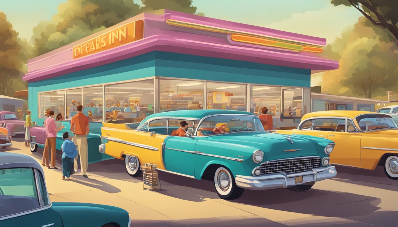 A bustling drive-in with a colorful, retro-inspired facade and a long line of cars waiting to order breakfast items at the menu board