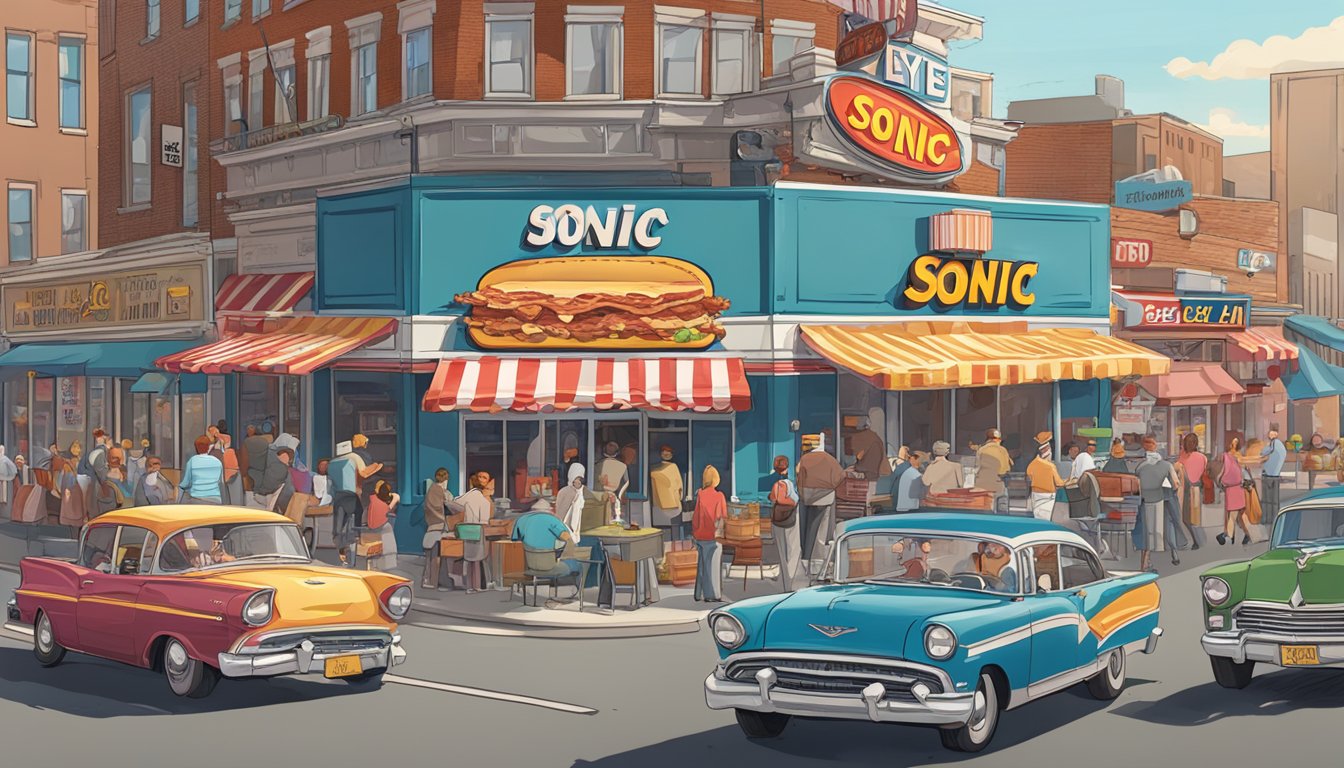 A bustling city street with a large, eye-catching Sonic drive-in sign surrounded by diverse customers enjoying crispy bacon sandwiches